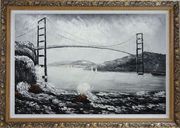 Black and White San Francisco Golden Gate Bridge Oil Painting Seascape America Naturalism Ornate Antique Dark Gold Wood Frame 30 x 42 inches