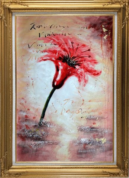 Framed Modern Red Blooming Flower in Wind Oil Painting Gold Wood Frame with Deco Corners 43 x 31 Inches