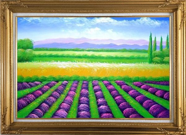 Framed Beautiful Countryside of Provence France Oil Painting Landscape Field Italy Decorative Gold Wood Frame with Deco Corners 31 x 43 Inches