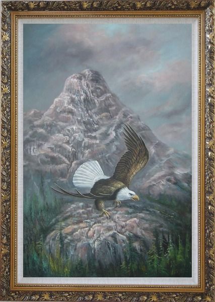 Framed Bald Eagle in Smoky, Lofty Mountain Oil Painting Animal Naturalism Ornate Antique Dark Gold Wood Frame 42 x 30 Inches