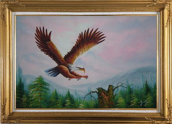 Framed Bald Eagle over Forest Oil Painting Animal Naturalism Gold Wood Frame with Deco Corners 31 x 43 Inches