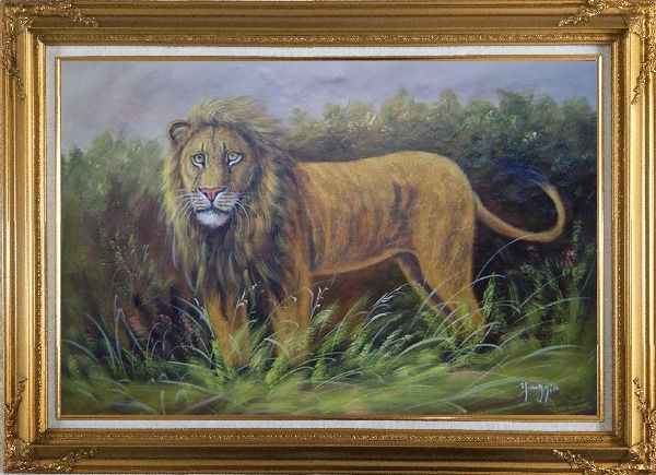 Framed The Lion King in Jungle Field Oil Painting Animal Naturalism Gold Wood Frame with Deco Corners 31 x 43 Inches