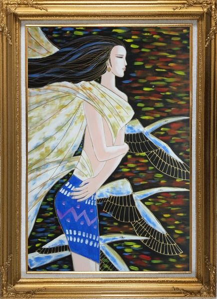 Framed Younger Lady in Wind Oil Painting Portraits Woman Modern Gold Wood Frame with Deco Corners 43 x 31 Inches