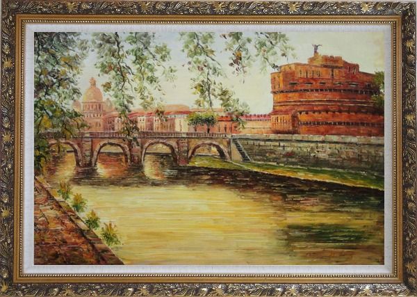 Framed View Of Bridge Over Tiber with Green Tree in Rome Oil Painting Cityscape Itly Impressionism Ornate Antique Dark Gold Wood Frame 30 x 42 Inches