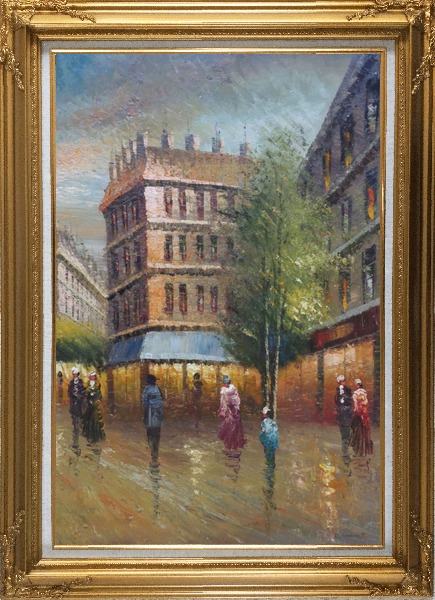 Framed Romantic Parisian Street Scene At Dusk In 19th Century Oil Painting Cityscape France Impressionism Gold Wood Frame with Deco Corners 43 x 31 Inches