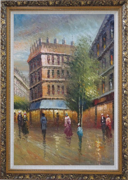 Framed Romantic Parisian Street Scene At Dusk In 19th Century Oil Painting Cityscape France Impressionism Ornate Antique Dark Gold Wood Frame 42 x 30 Inches