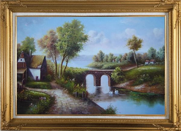 Framed Small River Bridge in Front of Cottage Oil Painting Landscape Classic Gold Wood Frame with Deco Corners 31 x 43 Inches