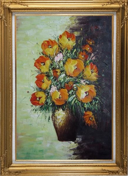 Framed Blooming Roses Bouquet Oil Painting Flower Still Life Impressionism Gold Wood Frame with Deco Corners 43 x 31 Inches