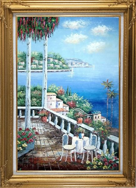 Framed Chairs and Table On Terrace with View of Mediterranean Sea Oil Painting Naturalism Gold Wood Frame with Deco Corners 43 x 31 Inches