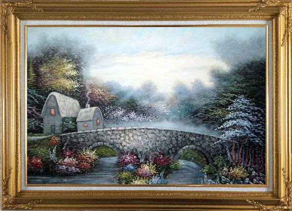 Framed Stretched Flowers, Stone Bridge and Cabins Oil Painting Garden Naturalism Gold Wood Frame with Deco Corners 31 x 43 Inches