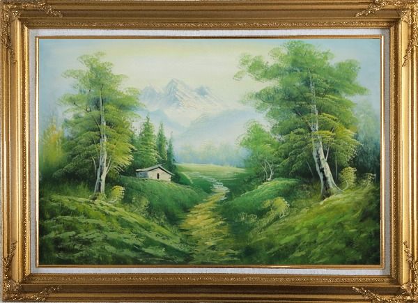 Framed Small Cottage on An Early Spring Country Trail Oil Painting Landscape Mountain Naturalism Gold Wood Frame with Deco Corners 31 x 43 Inches