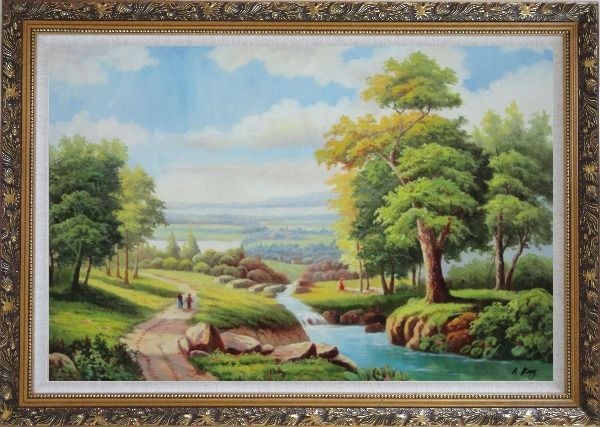 Framed Walking on Village Road with Lake, Mountain and Old Trees Oil Painting Landscape River Classic Ornate Antique Dark Gold Wood Frame 30 x 42 Inches