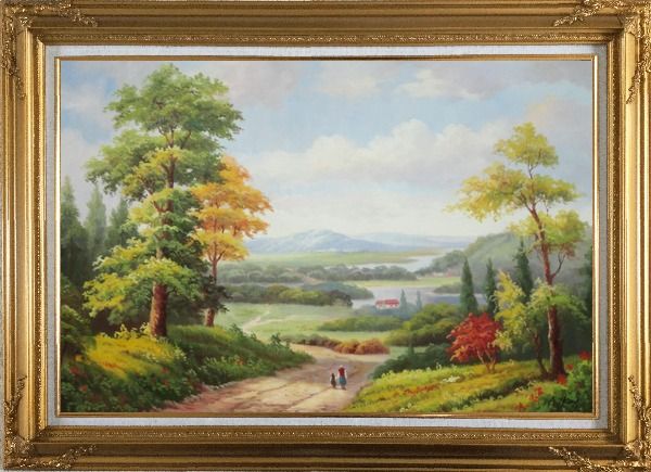 Framed Grandma and I Walking in Peaceful Countryside Landscape Oil Painting River Classic Gold Wood Frame with Deco Corners 31 x 43 Inches