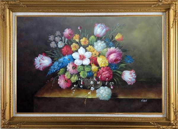 Framed Still Life of Flowers Oil Painting Bouquet Classic Gold Wood Frame with Deco Corners 31 x 43 Inches