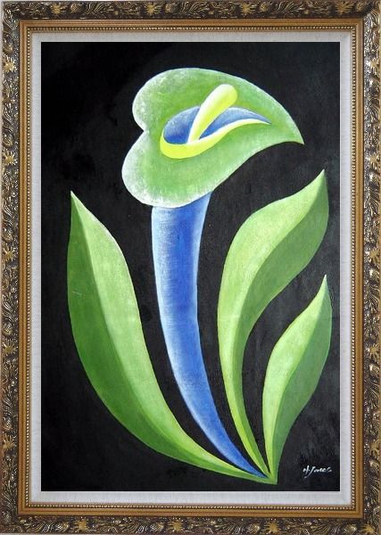 Framed Green, Blue Arum Lily in Black Background Oil Painting Flower Decorative Ornate Antique Dark Gold Wood Frame 42 x 30 Inches