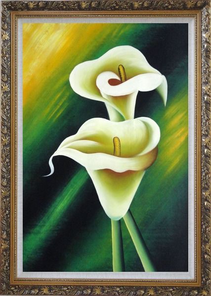 Framed Light Yellow Calla Lilies In Green Background Oil Painting Flower Lily Decorative Ornate Antique Dark Gold Wood Frame 42 x 30 Inches