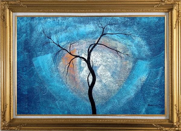 Framed Black Tree in Moonlight Oil Painting Landscape Decorative Gold Wood Frame with Deco Corners 31 x 43 Inches