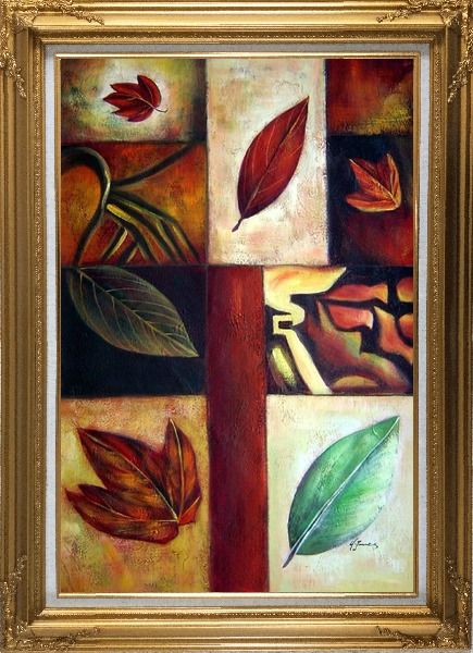 Framed Leaves on Patches Oil Painting Still Life Decorative Gold Wood Frame with Deco Corners 43 x 31 Inches
