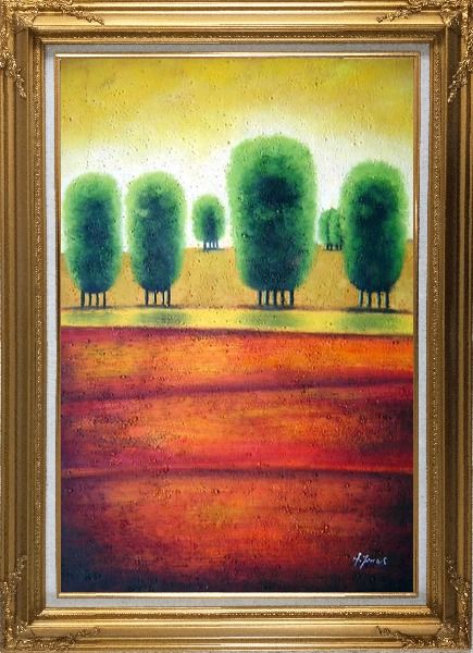 Framed Red Soil Painting Landscape Tree Modern Gold Wood Frame with Deco Corners 43 x 31 Inches