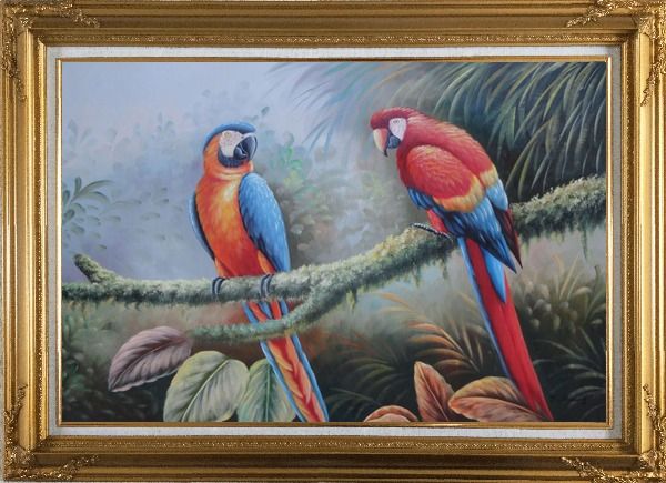Framed Pair of Blue Red Parrots Perched on Tree Oil Painting Animal Classic Gold Wood Frame with Deco Corners 31 x 43 Inches