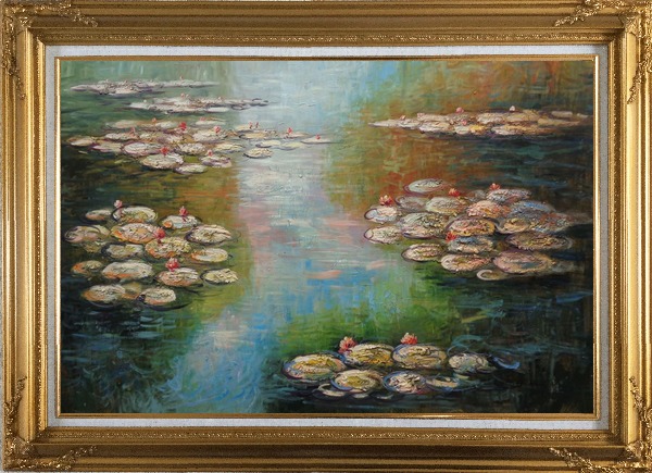 Framed Water Lilies, Monet Reproduction Oil Painting Landscape River Impressionism Gold Wood Frame with Deco Corners 31 x 43 Inches