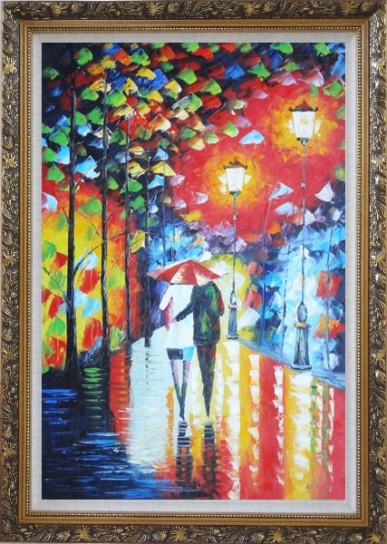 Framed Lovers Walking On Rainy Day Street at Night Oil Painting Portraits Couple Modern Ornate Antique Dark Gold Wood Frame 42 x 30 Inches